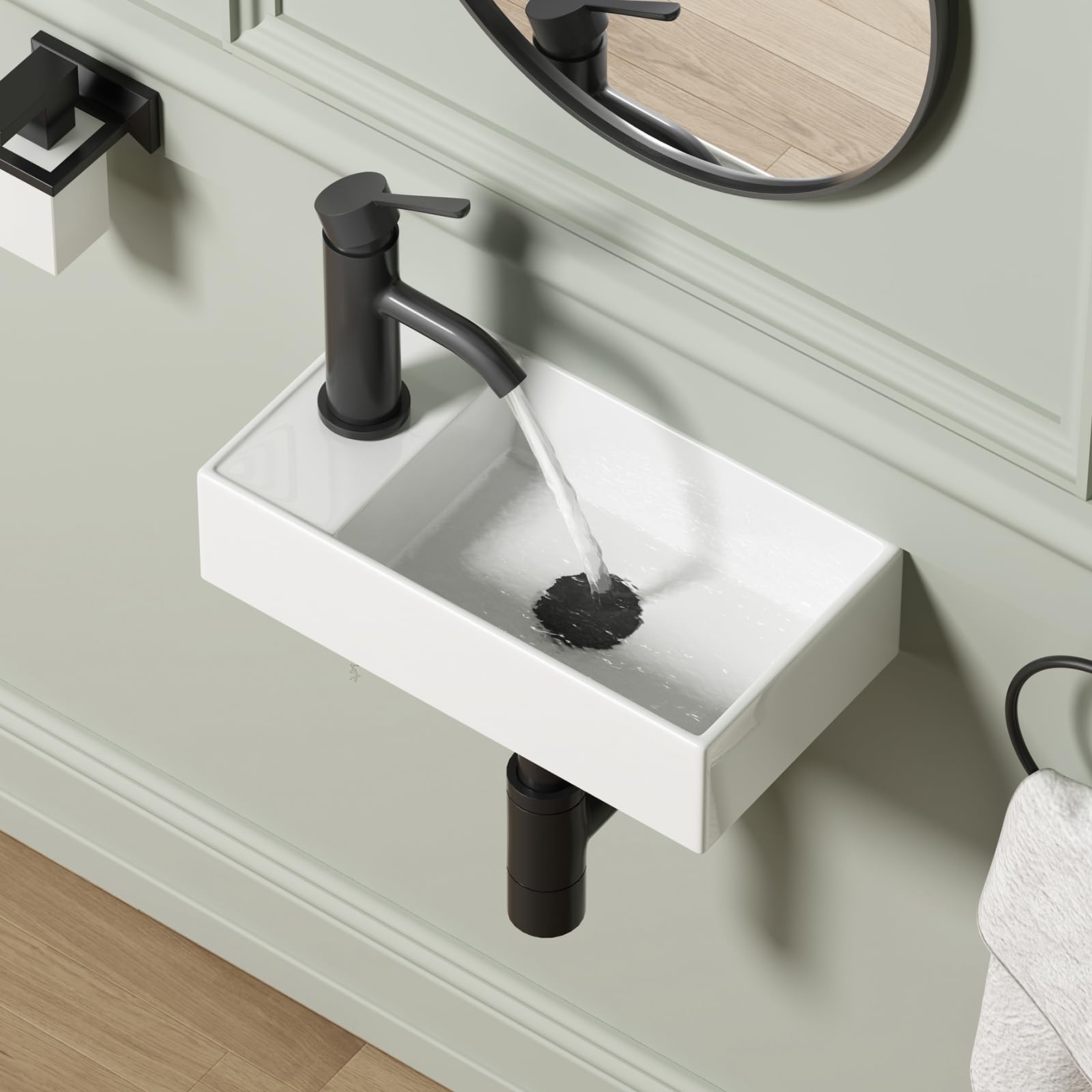 Wall Mount Bathroom Sink, QISHKA 16" x 8.5" Modern Ceramic Rectangular Floating Sink, White Rectangle Wall Hung Wash Basin Vessel Sink, Save Space for Bathrooms (Left Hand)