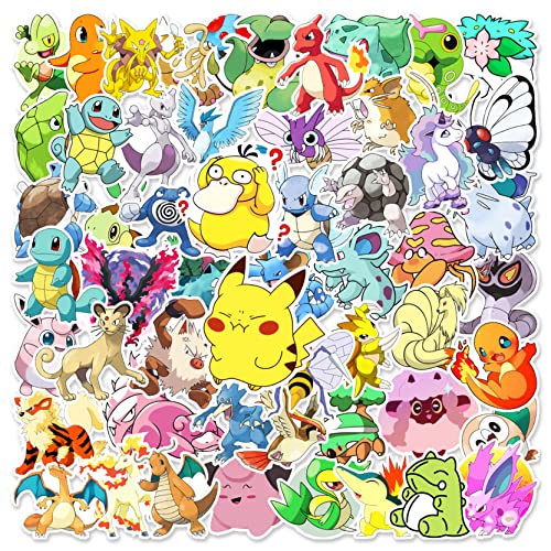 50PC Cute Anime Stickers,Tegoge Pikachu Stickers,Pocket Monsters Stickers,Water Bottle Cartoon Monster Decal, Waterproof Stickers for Laptop Luggage Skateboard,Tablet, Phone,Notebook