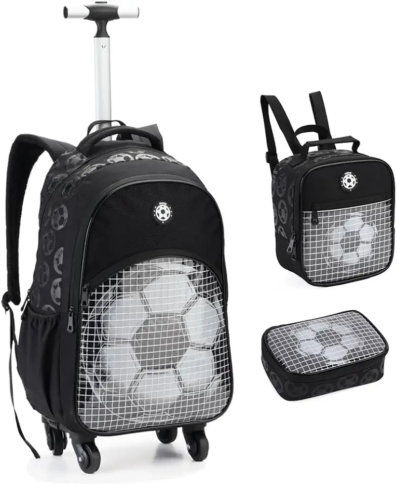 Kit Mochila Escolar com Rodas 360º, Lancheira e Estojo, Design Futebol, Compartimentos Múltiplos, Alça Telescópica, para Meninos, Cor Preta