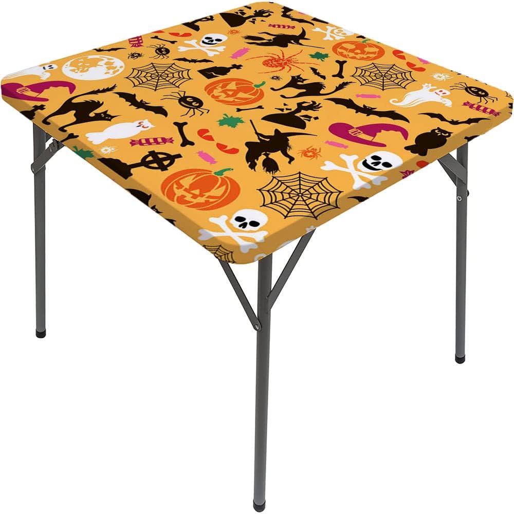 Square Fitted Halloween Tablecloth, Halloween Style Pattern, Elastic Edge, Can Wipe Indoor/Outdoor Dining Table Cover, Fit for 62"x62" Square Table