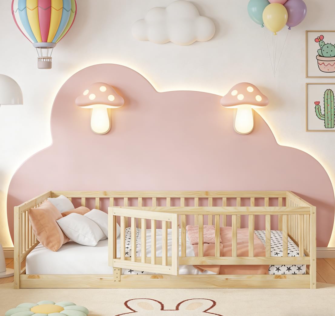 Photo 1 of Bellemave Ful Montessori Floor Bed with 21.5" High Rails and Slats, Pine,Plywood Floor Bed with Small Door, Natural