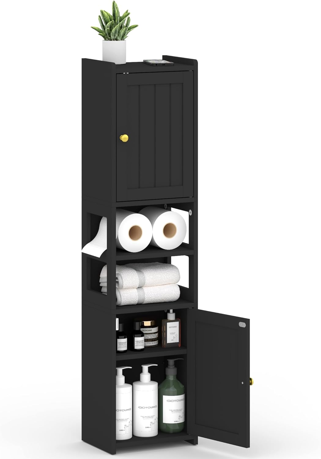 TidyHaven 39" H Small Bathroom Storage Cabinet, Narrow Bathroom Corner Floor Cabinet with Doors, Adjustable Shelf, Open-Side, Slim Toilet Paper Storage Holder for Bathroom, Small Spaces, Living Room
