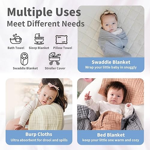 Miniatura 4 de L'Ange Toalla de baño para bebé, 9 capas, 28 x 47 pulgadas, color azul, manta de muselina de algodón para niños pequeños, niños y hogar, suave,
