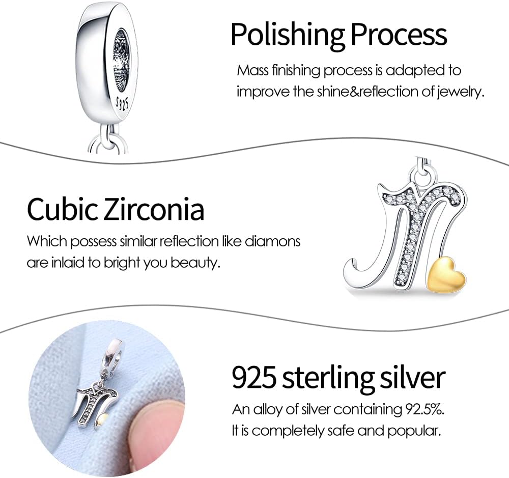 Pandach 925 Sterling Silver Alphabet Initial Letters Charms Complete A-Z Solid Silver Cubic Zircons Beads Dangle Pendants for European Bracelets Necklace Women Holiday Gifts - Image 4