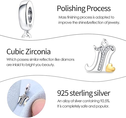 Miniatura 4 de Pandach Dijes de plata de ley 925 con letras iniciales del alfabeto de la A a la Z, plata maciza, circonitas cúbicas, colgantes para pulseras