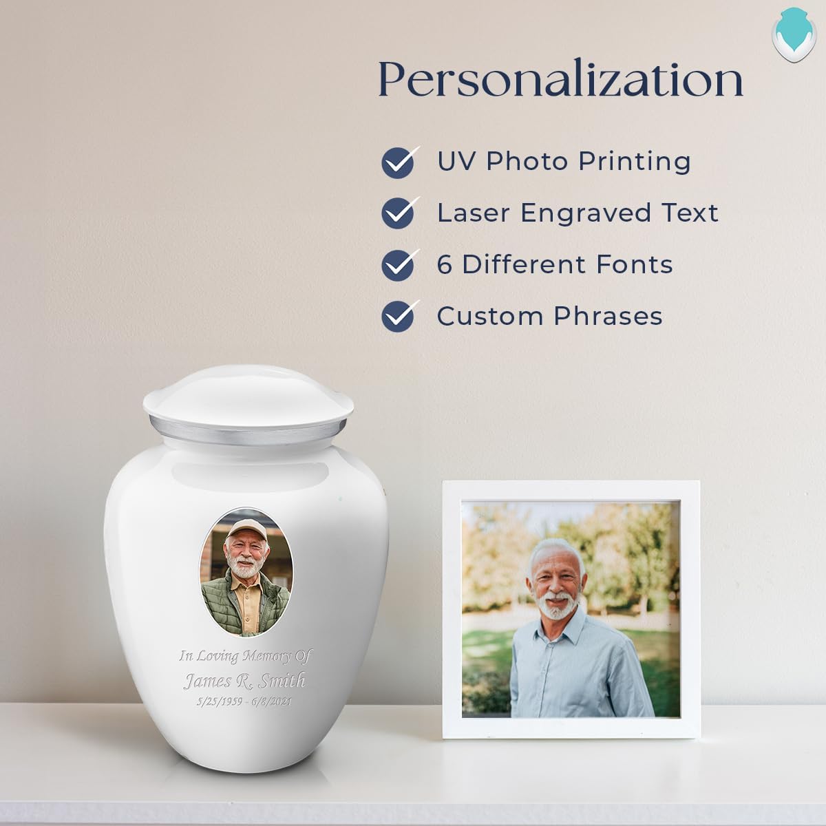Geturns Embrace Small Personalized Picture Cremation Urns for Human Ashes I White Photo Funeral Urn for Men and Women I Holds up to 44 Cubic Inches