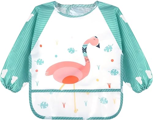 Miniatura 2 de Accmor Long Sleeve Baby Bibs, Waterproof Sleeved Bibs Smock for Toddler Baby Girls Boys Eating Feeding 4 piezas de pájaro gris/zorro rojo/flamenco
