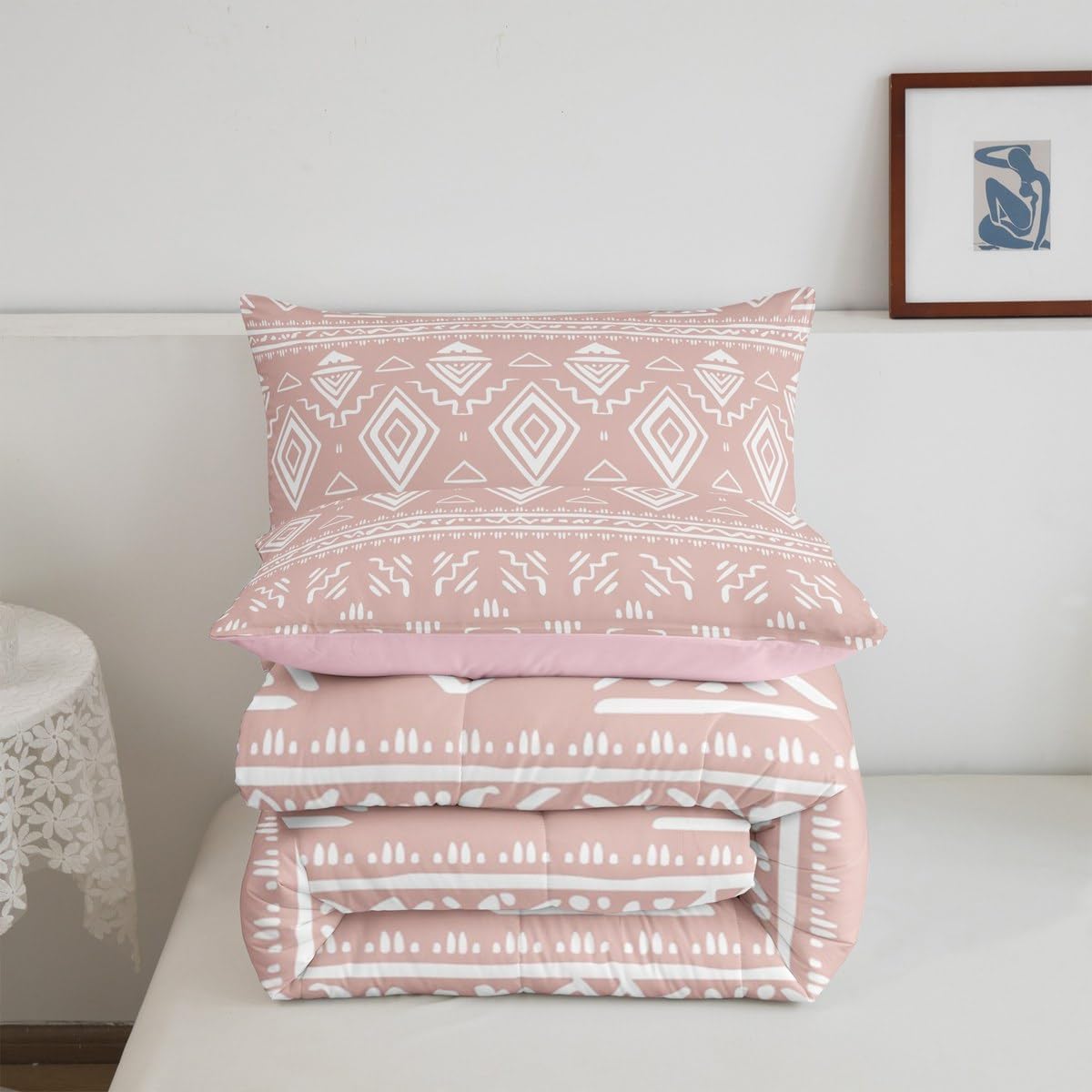 Erosebridal Girls Western Bedding Sets Twin Pink Boho Aztec Comforter Set for Teen Women Bohemian Geometric Quilt Set Exotic Ethnic Tribal Bed Duvet Set Rustic Farmhouse Home Room Decor 2 Pcs