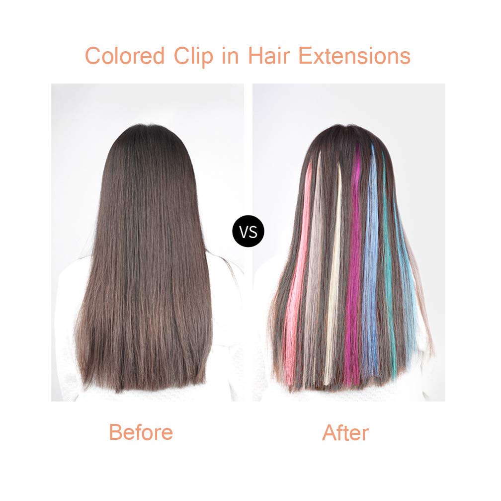 Colored Double Clip in Hair Extensions Long Stright Hairpieces 20'' Synthetic Rainbow Highlights Wigs for Women Kids Girls (5Pcs Color:7)
