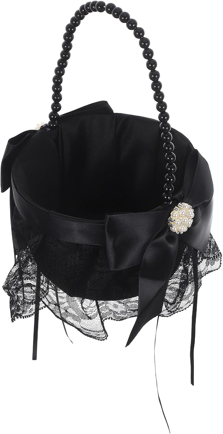 LOGOFUN 2PCS Wedding Flower Girl Basket with Pearl Handle Wedding Petal Container for Ceremony Festival Party Supplies - Black