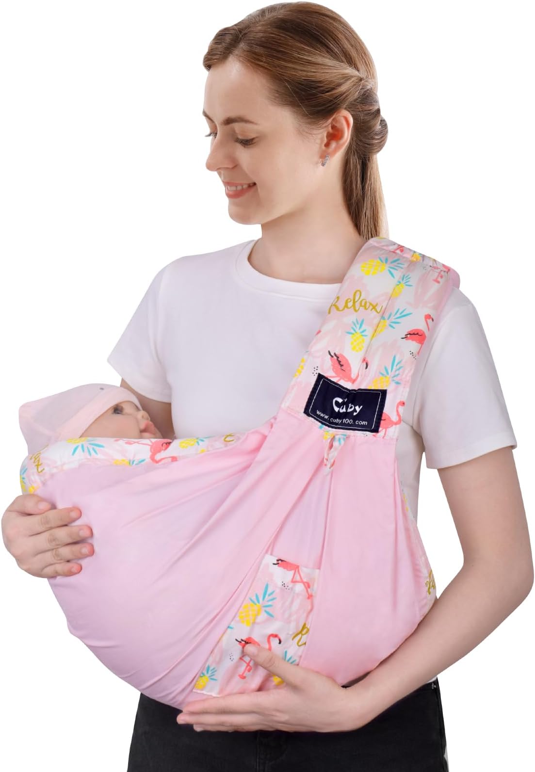 Baby Carrier by Cuby, Natural Cotton Baby Wraps Sling Baby Holder Extra Comfortable for Easy Wearing Carrying for Newborn, Soft and Adjustable Newborn and Toddler Carrier Slings (Pink Flamingo)