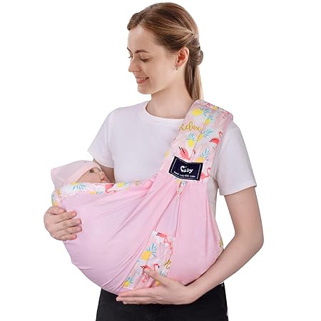 CUBY Baby Carrier, Natural Cotton Baby Sling Baby Holder Extra Comfortable For Easy Wearing Carrying Of Newborn,Infant Toddler And Ideal For Baby Registry(Pink Flamingo)