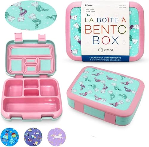 Miniatura 7 de kinsho Lonchera Bento, botella de agua, juego de bolsas de hielo para niños pequeños, 5 secciones de porciones, bandeja de plástico extraíble,
