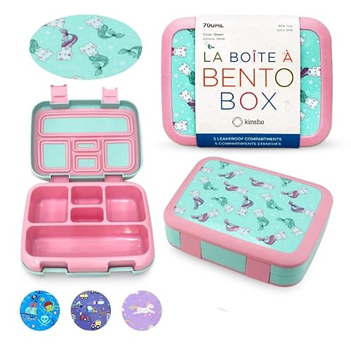 Kinsho Bento Lunch Box for Kids Toddlers, 5 Portion Control Sections, BPA Free Removable Plastic Tray, Pre-School Kid Toddler Daycare Lunches, Snack Container Ages 3 to 7 (Aqua Cat Mermaid)