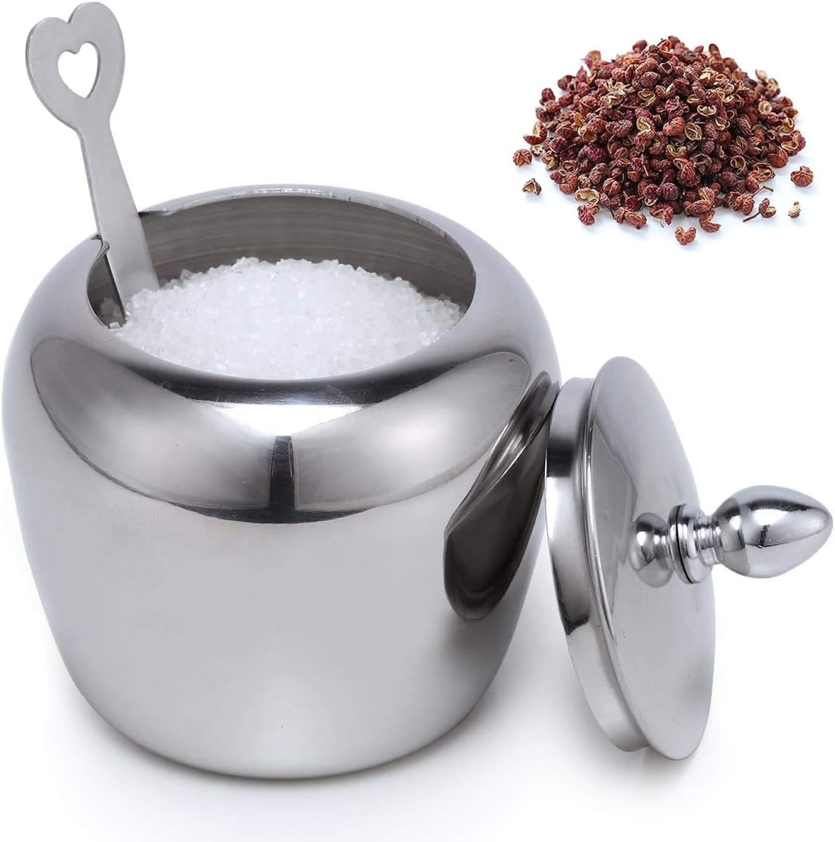 LIZEALUCKY Kitchen Sugar Bowl, 304 Stainless Steel Sugar Bowl with Spoon Home Kitchen Salt Pepper Spice Bowl Spice Drum Small Condiment Container