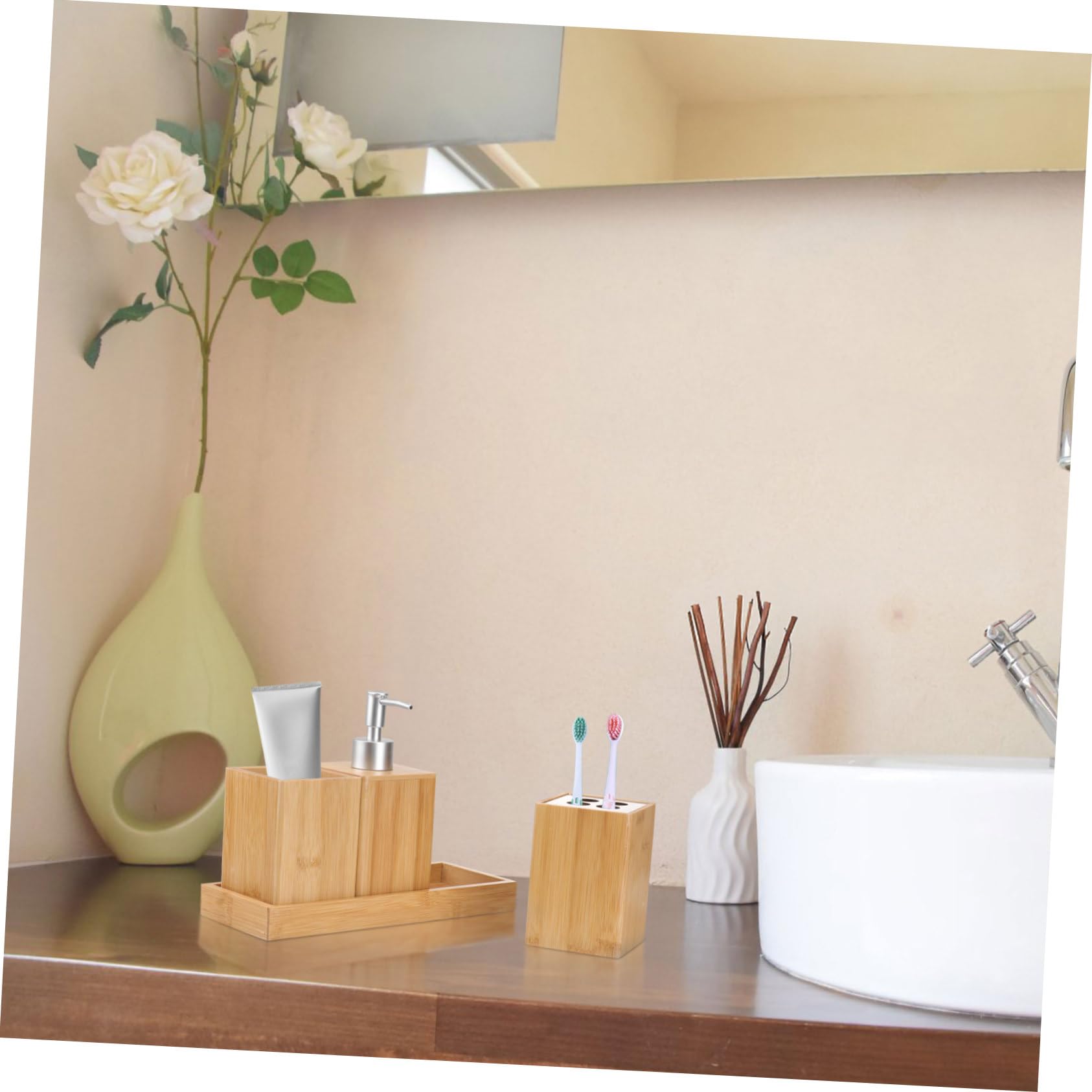 Set Accessori Bagno in Bambù 4 Pezzi, Bambù e Ceramica