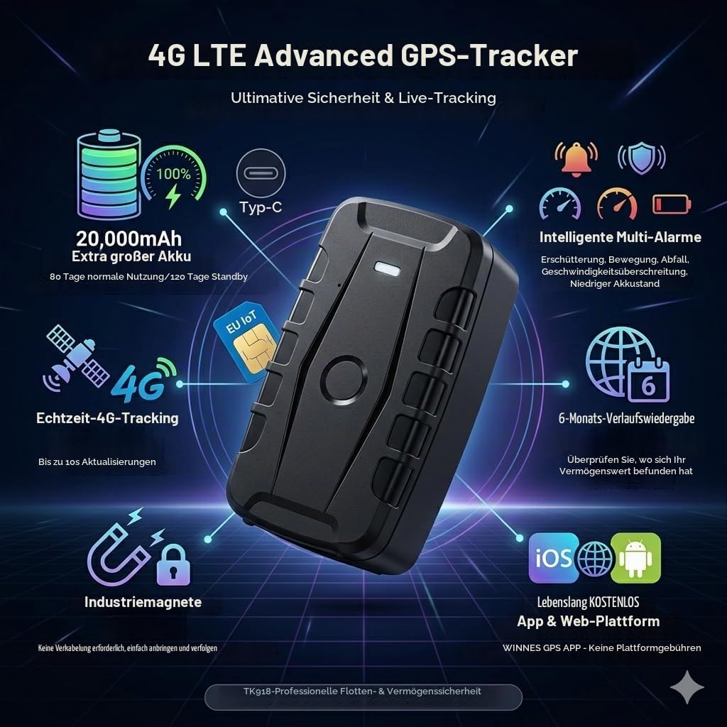 TKMARS 4G GPS Tracker Auto - 20000mAh Langzeit Akku, Magnetischer GPS Sender mit Demontage-Alarm per APP/SMS, Peilsender Echtzeitortung & Diebstahlschutz für LKW Baumaschinen Flotten, Ohne ABO