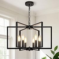 Vista 1 de Candelabro negro de granja, lámpara geométrica de 6 luces para comedor, moderna lámpara de techo industrial de metal, luces colgantes rústicas