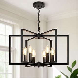 Seasidevillage Black Farmhouse 6-Light Geometric Chandelier - Modern Industrial Metal Hanging Fixture for Dining Room, Kitchen Island, Entryway