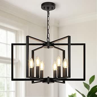 Black Farmhouse Chandelier, 6-Light Geometric Modern Industrial Ceiling Light Fixture