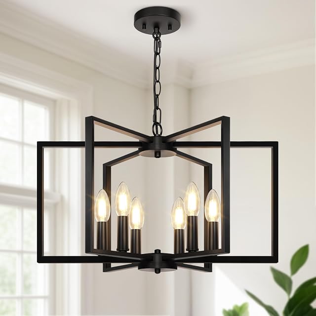 Black Farmhouse Chandelier 6 Light Geometric Dining Room Light Fixture Modern Industrial Metal Ceiling Light Rustic Hanging Pendant
