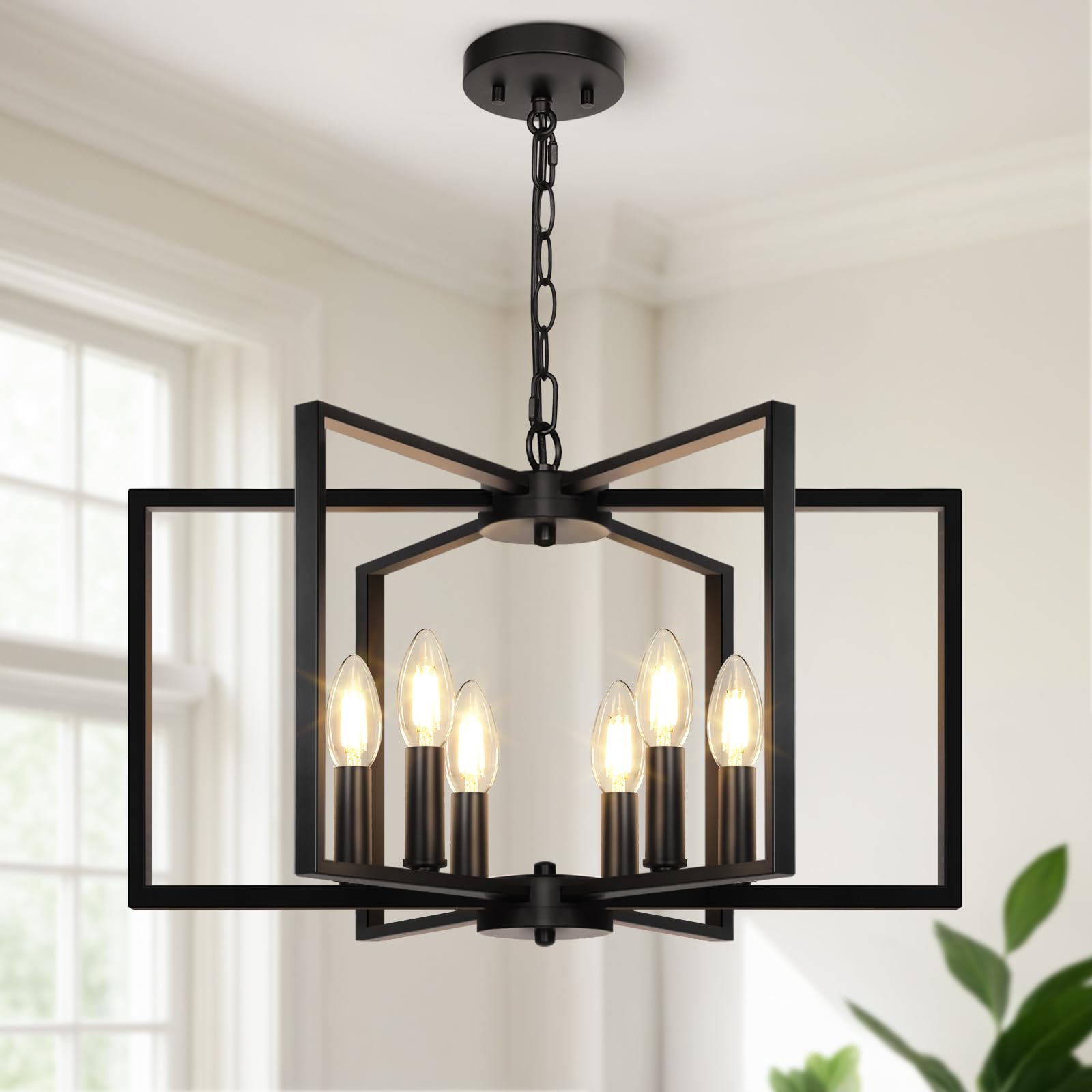 Black Farmhouse Chandelier, 6 Light Geometric Dining Room Light