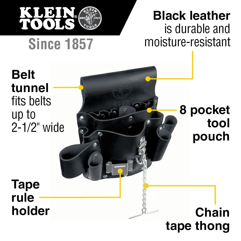 Klein Tools 5178 Pocket Tool Pouch, Leather, Tunnel Loop Belt Connection, Black - - 