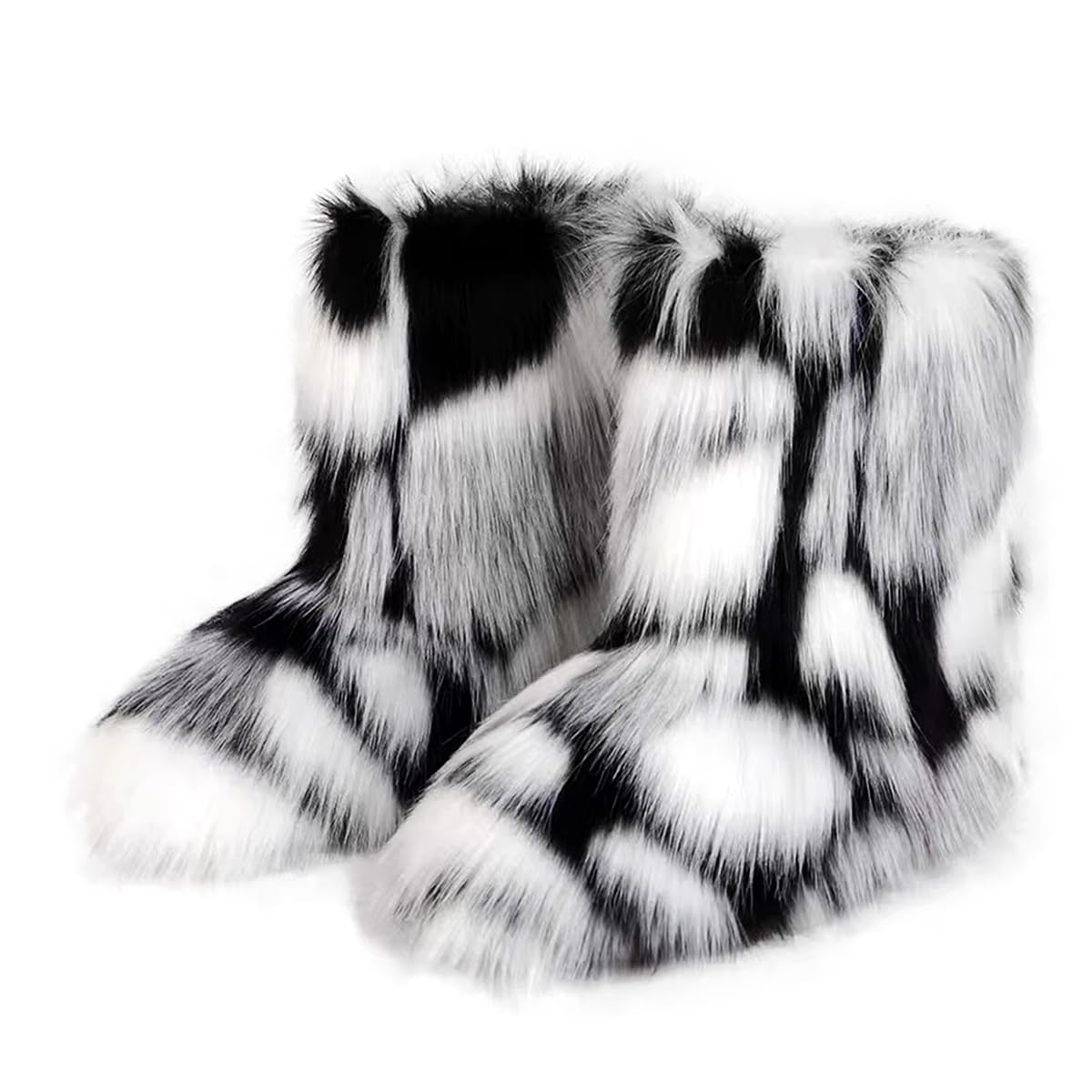 Eosxrp Furry Faux Fur Boots Women's Winter Shoes Woman Fluffy Warm Snow Boots Mid-Calf Comfortable Outdoor Flat