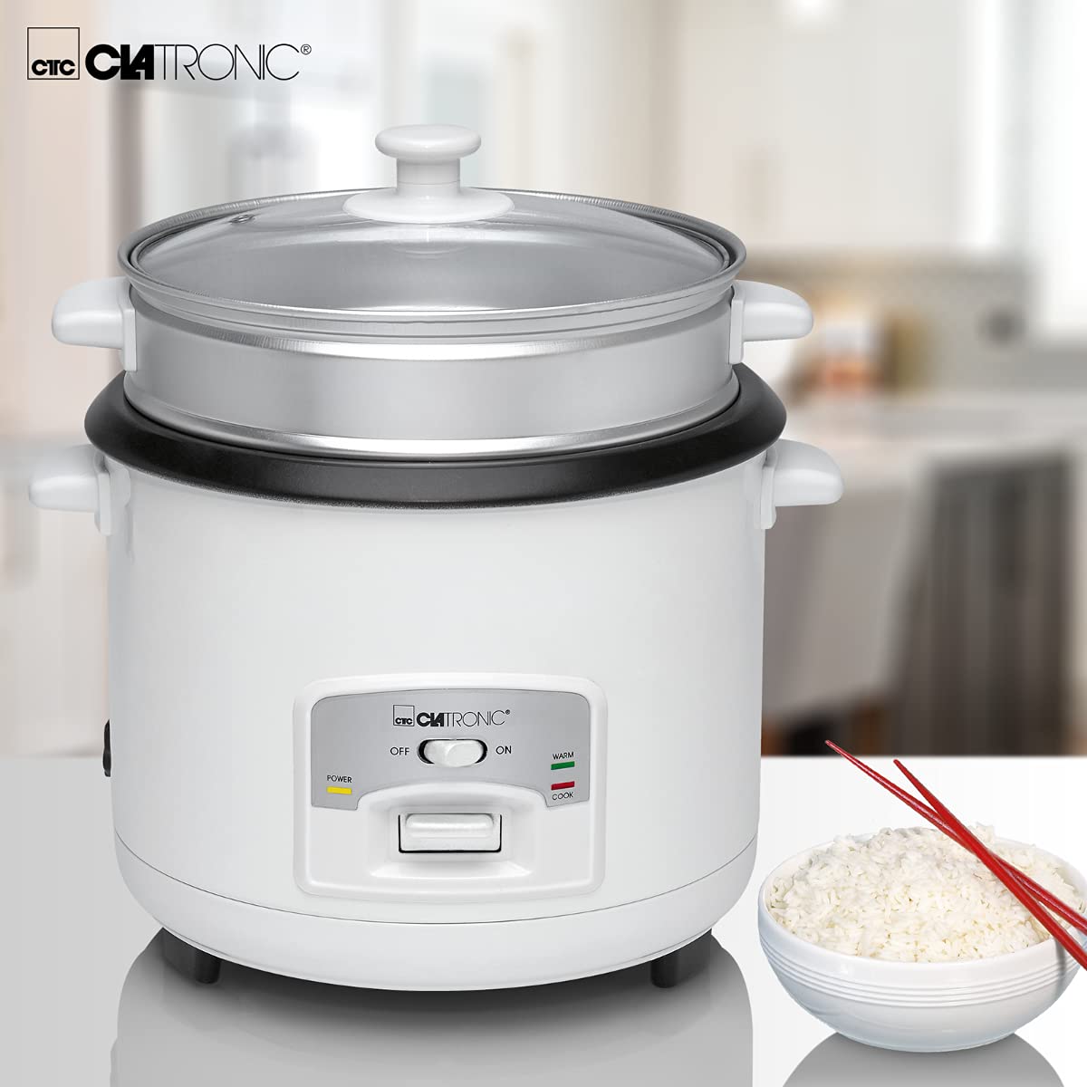 Clatronic Appareil Électroménager 2 en 1 - Cuiseur Riz à Revêtement Anti-adhesif - Cuiseur à Vapeur - Avec Panier à Étuver en Aluminium - RK 3566 Blanc