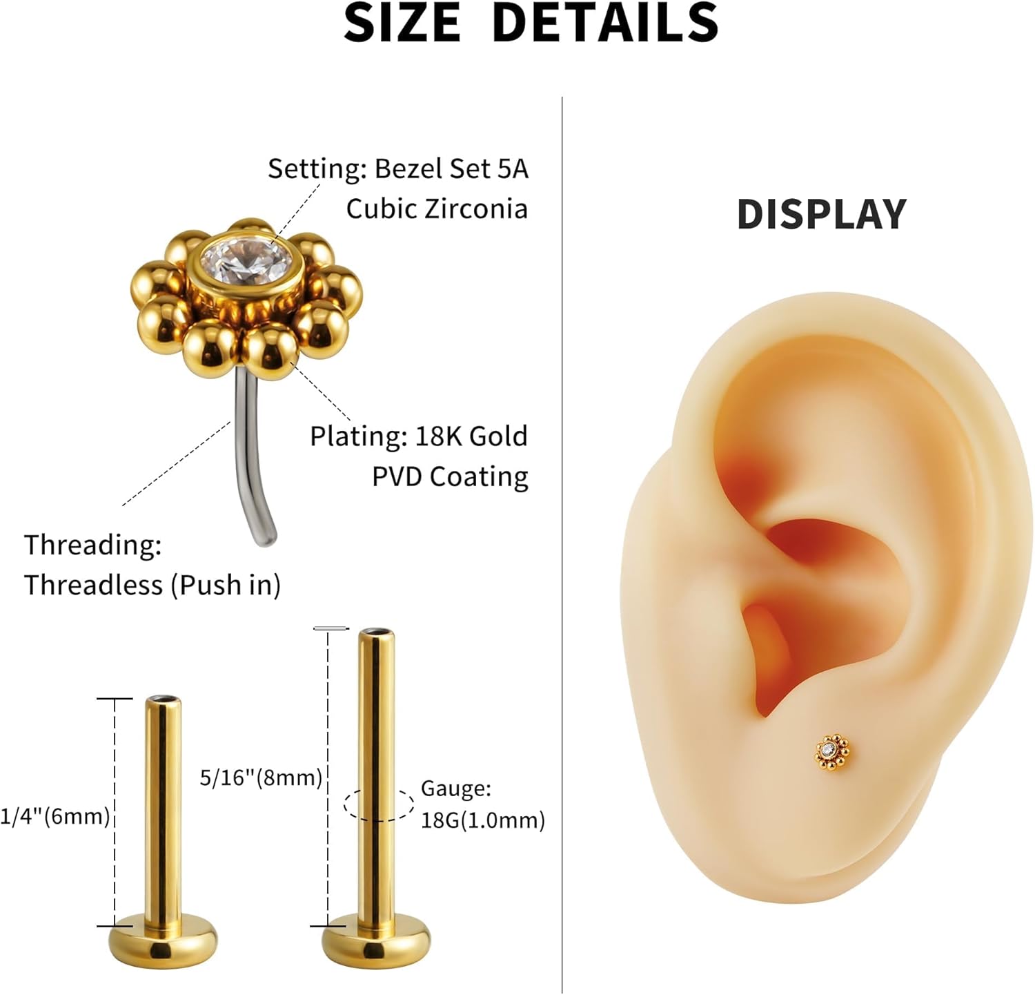 FINE4U Mini Threadless Flat Back Earring Stud for Tragus Conch Helix 18G 6mm 8mm - ASTM F136 Titanium Cartilage Piercing Jewelry - Image 2