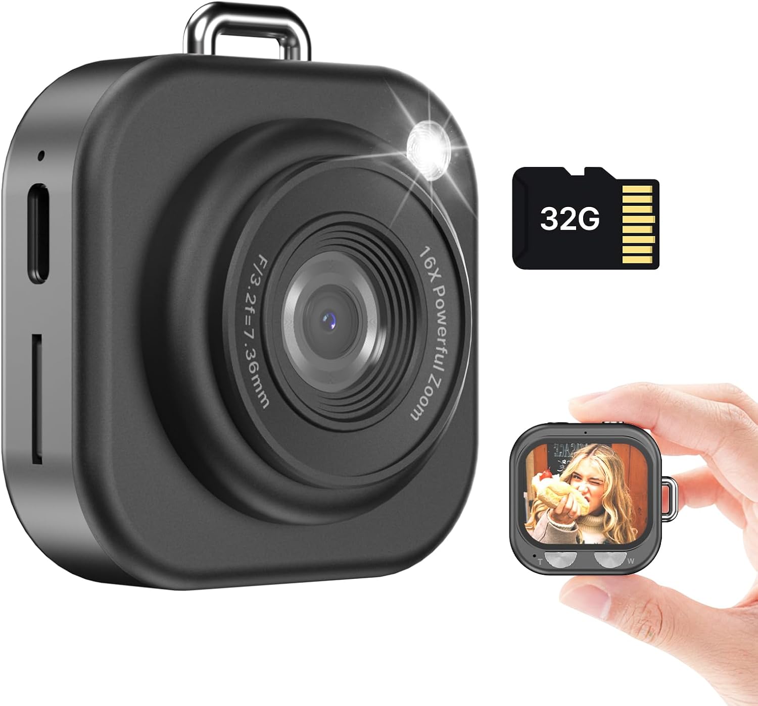 W & O Q16 Portable 46 MP Point & Shoot Digital Cameras with 32GB Card, Black