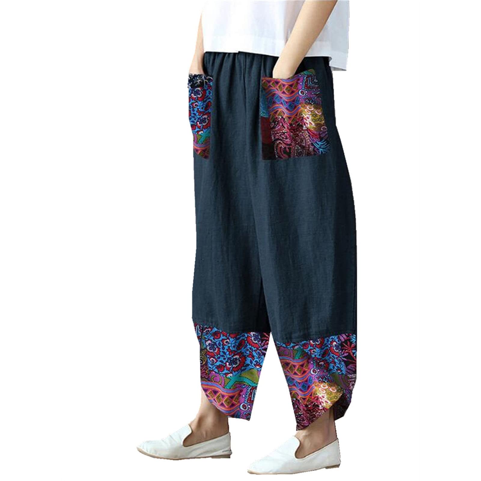 Maiyifu-GJ Women's Patchwork Linen Wide Leg Pants Elastic Waist Casual Capri Harem Trousers Loose Tapered Lounge Baggy Pant (Dark Blue 3,5X-Large)