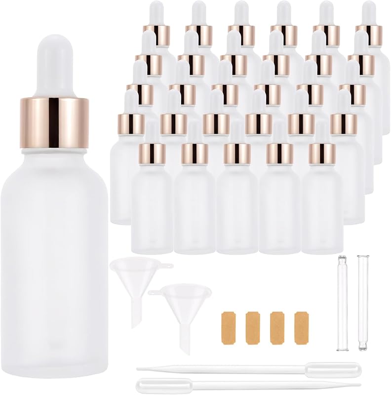 Frascos de vidro fosco com conta-gotas Njvial 30 mL, tampas douradas rosadas, pacote com 30