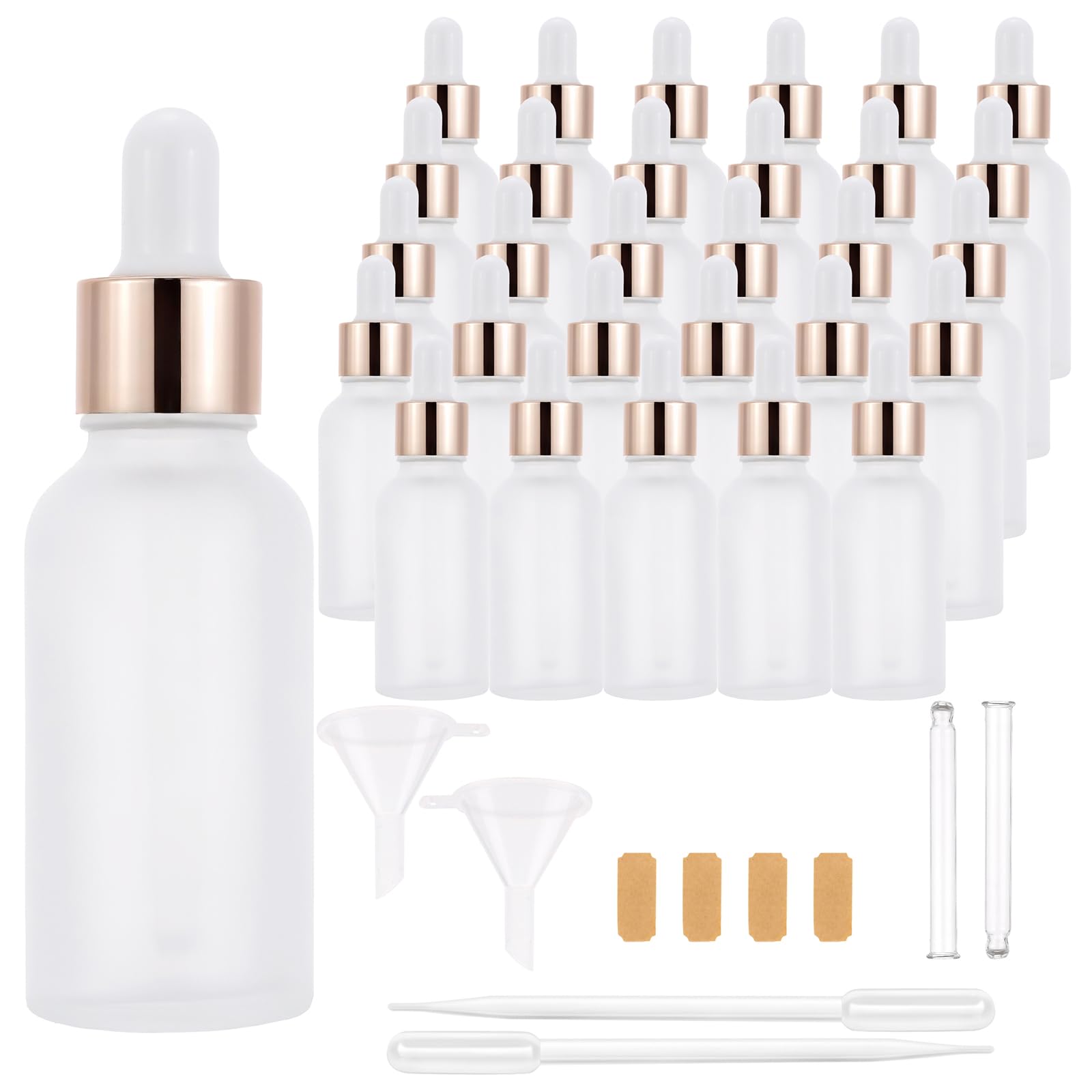 Paquete de 30 frascos cuentagotas de vidrio esmerilado de 30 ml para aceites esenciales, botellas cuentagotas de ojos de 1 onza con tapas de oro rosa para viajes, pequeños frascos de tintura de