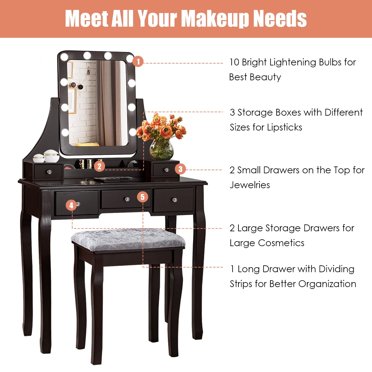 MAT EXPERT Vanity Set with Lighted Mirror and Drawers, Modern Dressing Table w/Cushioned Stool & Divided Compartment, Makeup Dresser w/360° Rotatable Mirror, Bedroom Vanity Set w/10 LED Light (Brown)