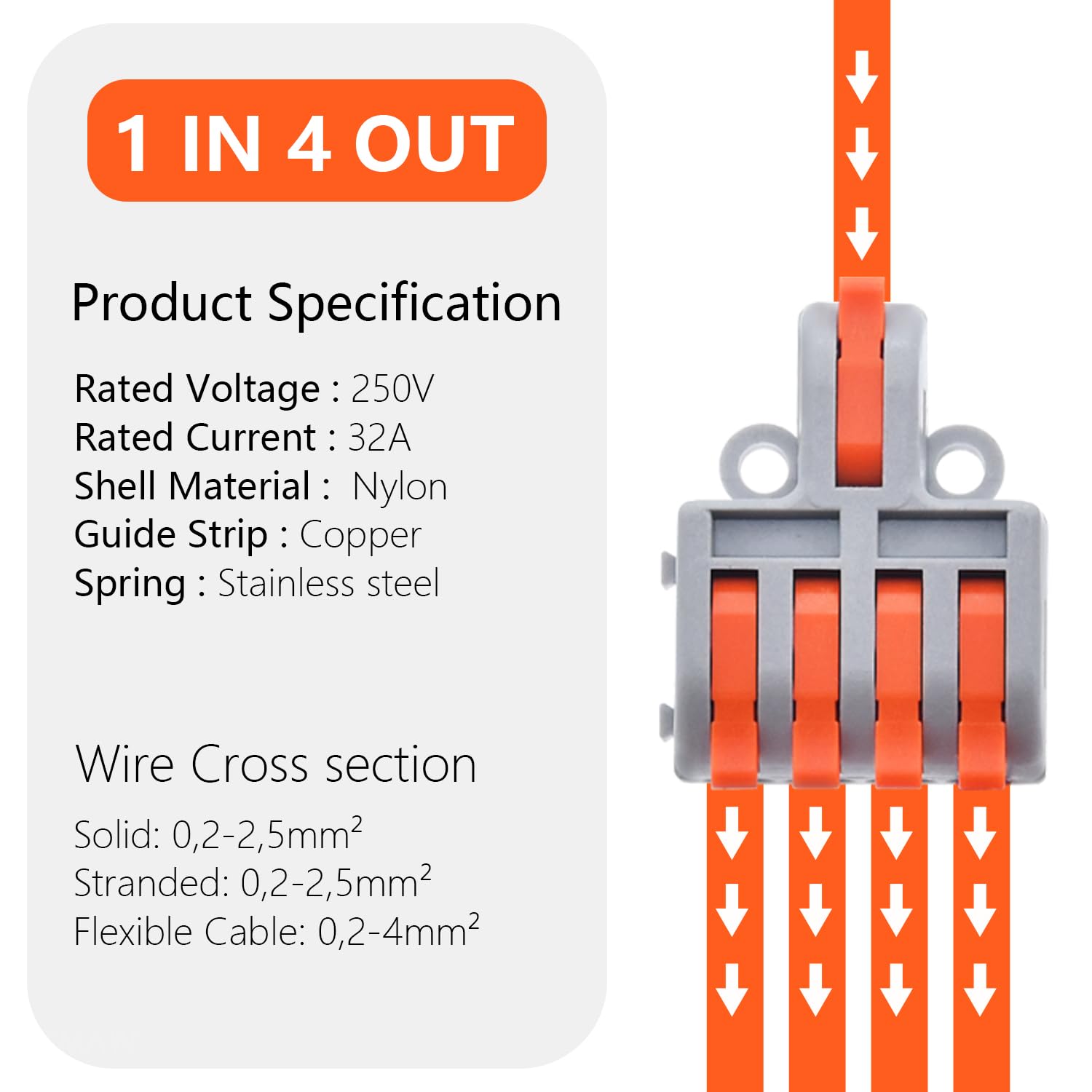 14 piezas Conectores Eléctricos, 1 en 4 fuera Conector Conductor Compacto, Rápido Cable Conector Bloque Terminal, Adecuado para 0,2-4mm² cables