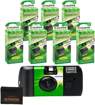 Fujifilm QuickSnap Flash 400 Camera, Fujifilm Disposable Camera with Flash, 27 Exposures with Sunshine Photo Microfiber Cloth 7 Pack