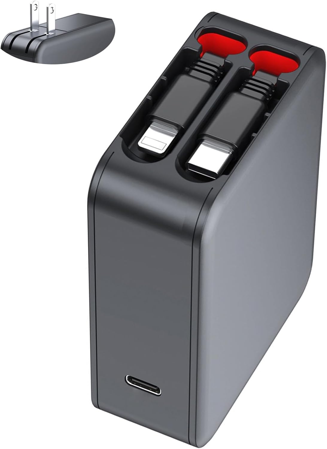 Wall Charger, GaN Fast Charging, Retractable Dual Cables, USBC Port, Folding Plug, Compact Travel Multi Charging Block for iPhone, Samsung, Tables, iPad