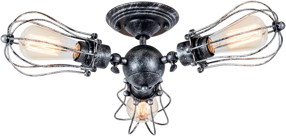 Vintage Ceiling Light Industrial Rotatable Semi-Flush Mount Ceiling Light Metal Lamp Fixtures Painted Finish (with 3 Light) (Silver)