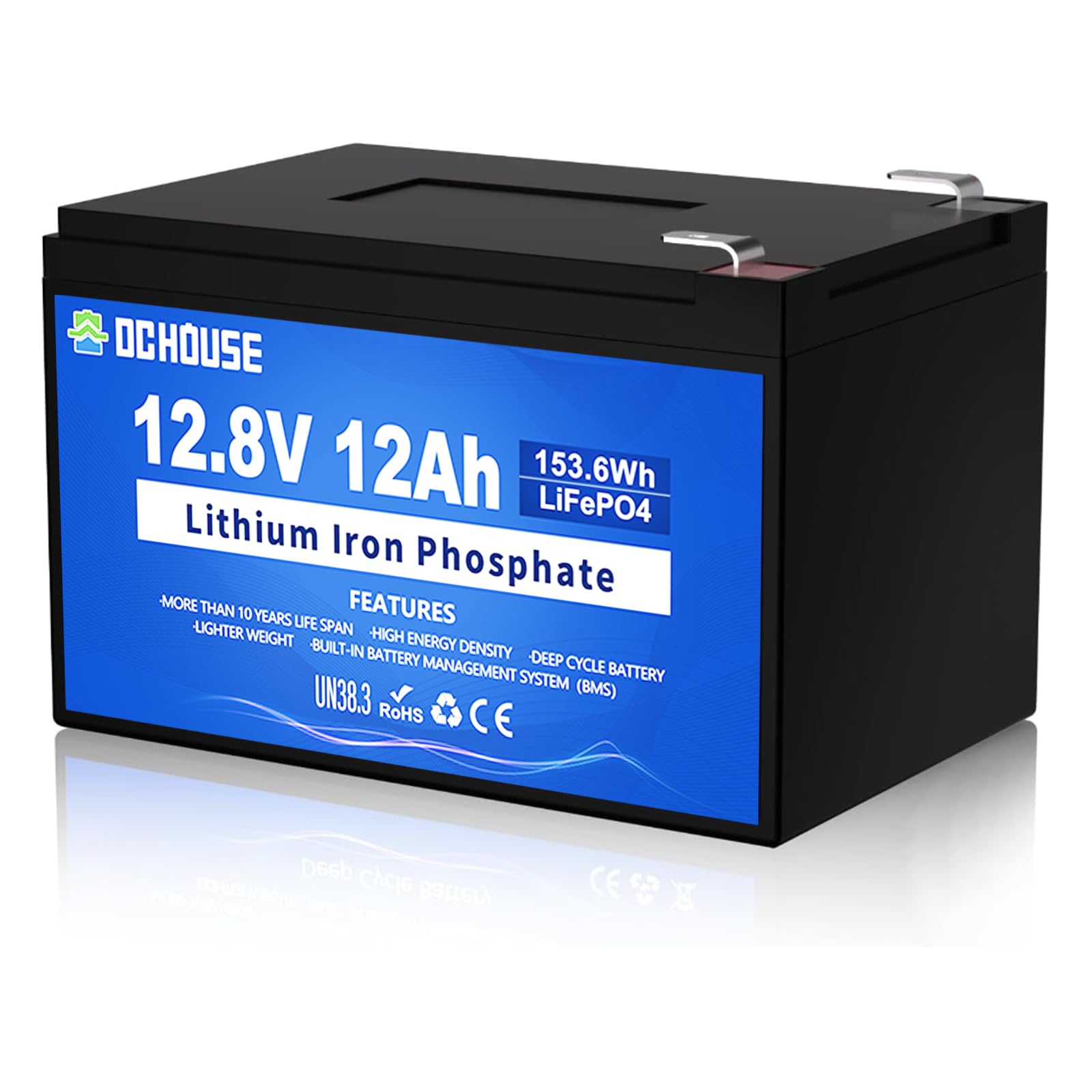 DC HOUSE 12V 12Ah LiFePO4 Lithium Battery with 15A BMS, 10 Year Lifespan,10000+ Cycles, for Marine, Ride on Toy, Trolling Motor Fish Finder, Kayak, Power Wheels, Pride Go Go Mobility Scooters