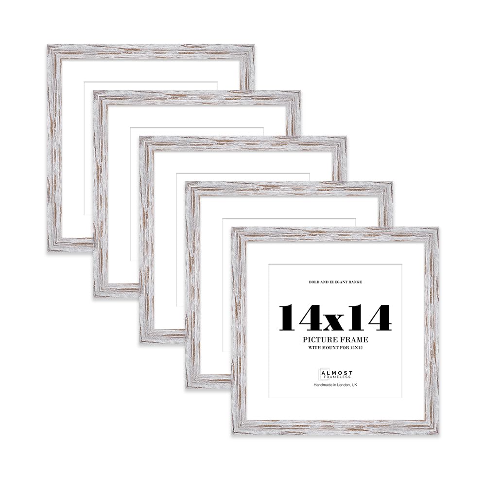 14x14" Distressed Wood Square Frame With Mount for 12x12" Pictures 28mm Edge Frame Display with Wall Hooks, 5 Pack