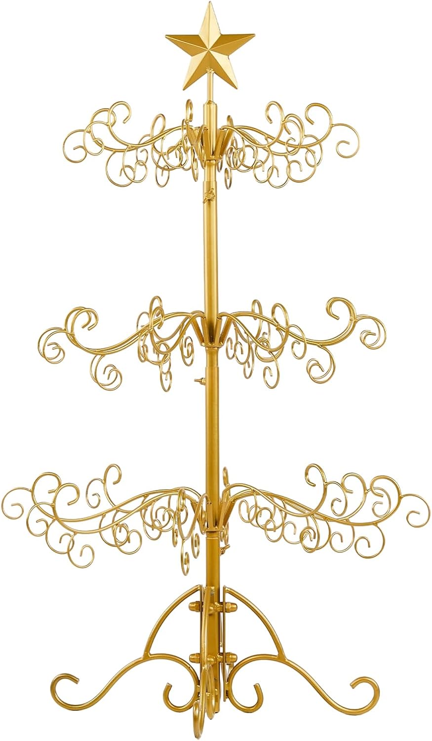 3ft Gold Wrought Iron Christmas Tree with Star Top, Metal Ornament Display Stand for Holiday Decor, Indoor Outdoor Party Decoration Tree