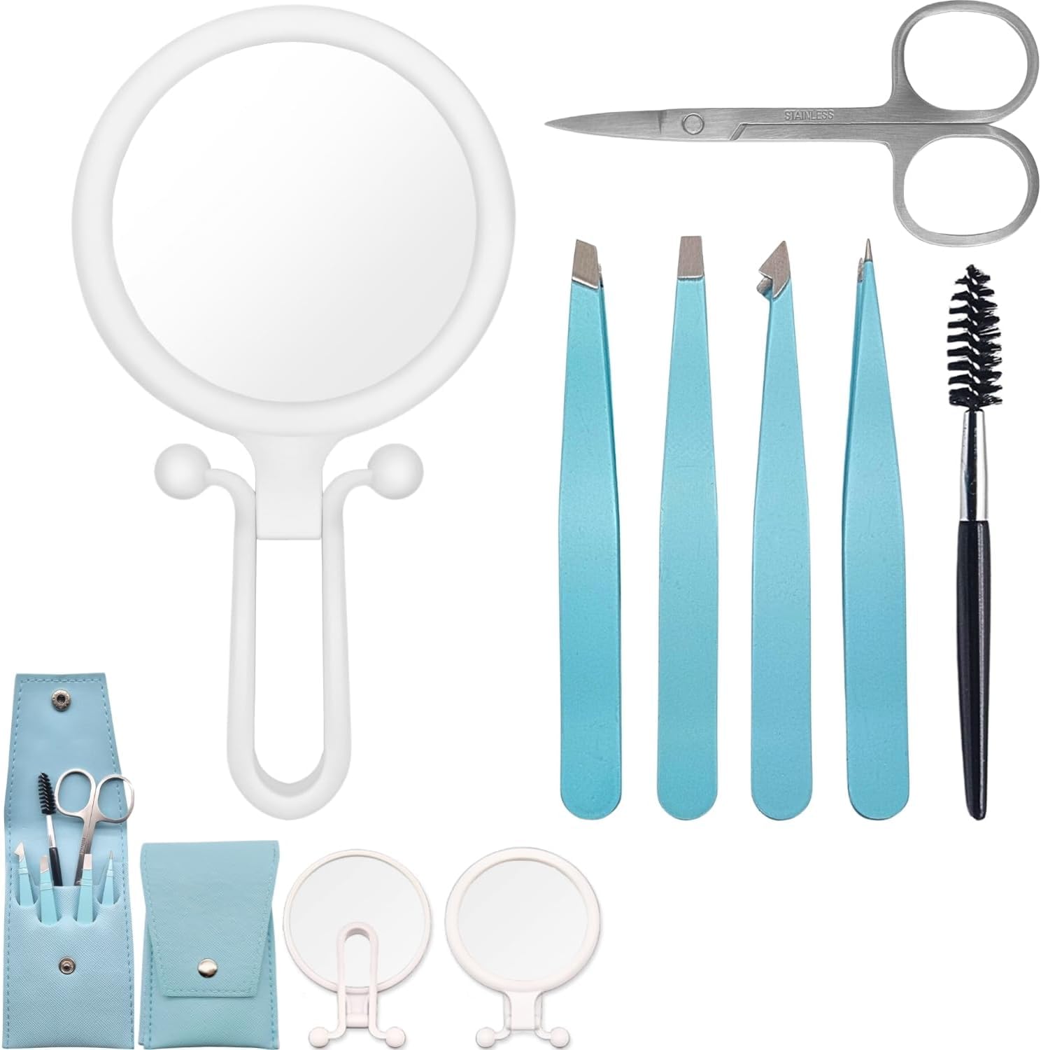 Set de Pinzas de Cejas Profesionales Con Espejo de Aumento x10 - 4 Tipos de Pinzas, Cepillo y Tijeras - Regalo Para Parejas