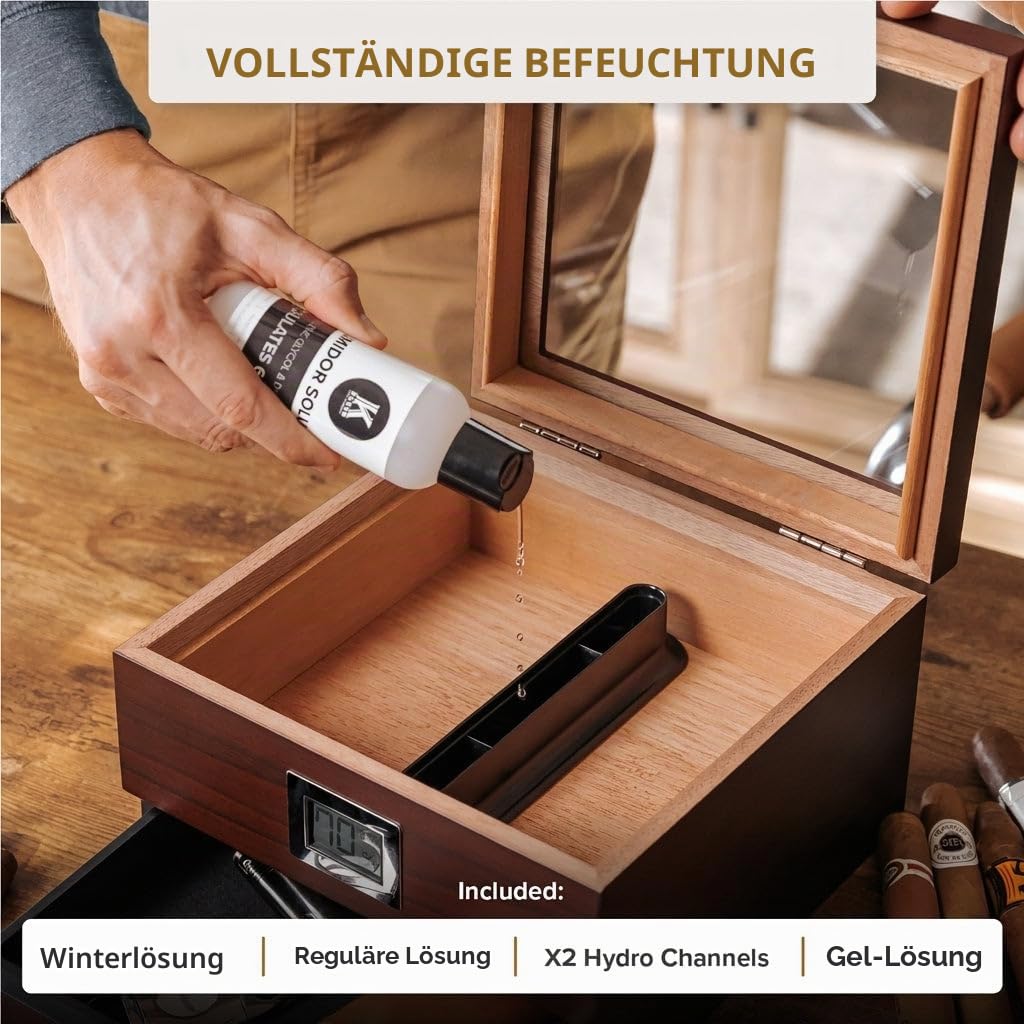 Case Elegance Handgefertigter Humidor aus Zedernholz mit digitalem Hygrometer vorne, Luftbefeuchterlösung und Zubehörschublade für 25-50 Zigaretten