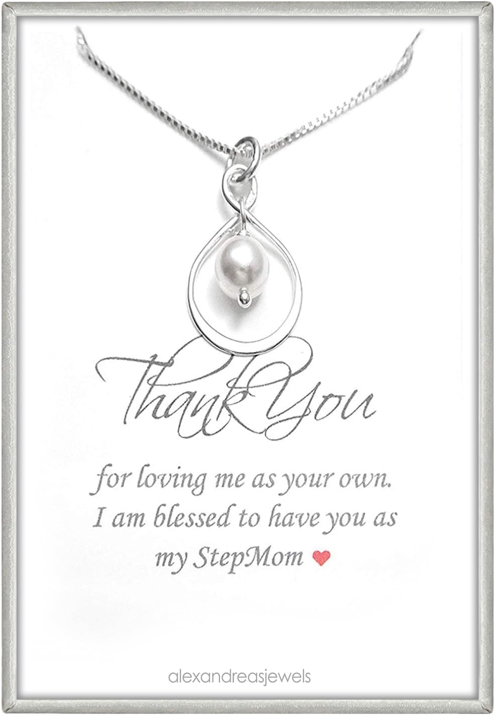 Stepmom Gift Necklace - Sterling Silver Infinity Pendant with Pearl, Bonus Mom Mothers Day Birthday Christmas Gift from Stepdaughter or Stepson