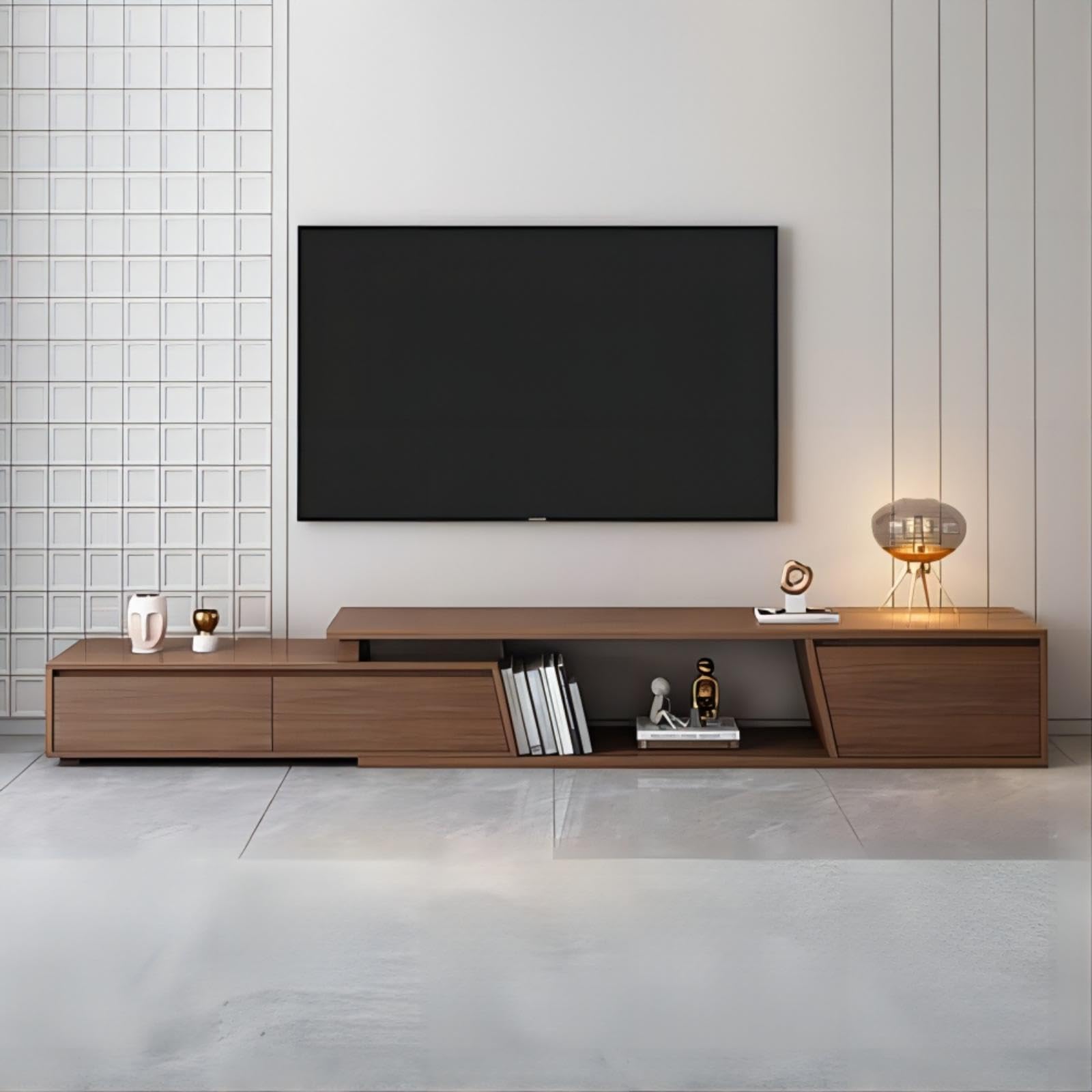 homary Extendable TV Stand with 3 Drawers Minimalist Rectangle Entertainment Center Walnut TV Console Table Up to 110