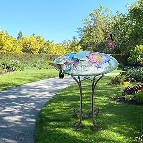 Mumtop Bird Bath-Outdoor Glass Birdbath - Bird Baths For Outdoors Hummingbird With Metal Stand For Garden Lawn Yard Decor #TOP2