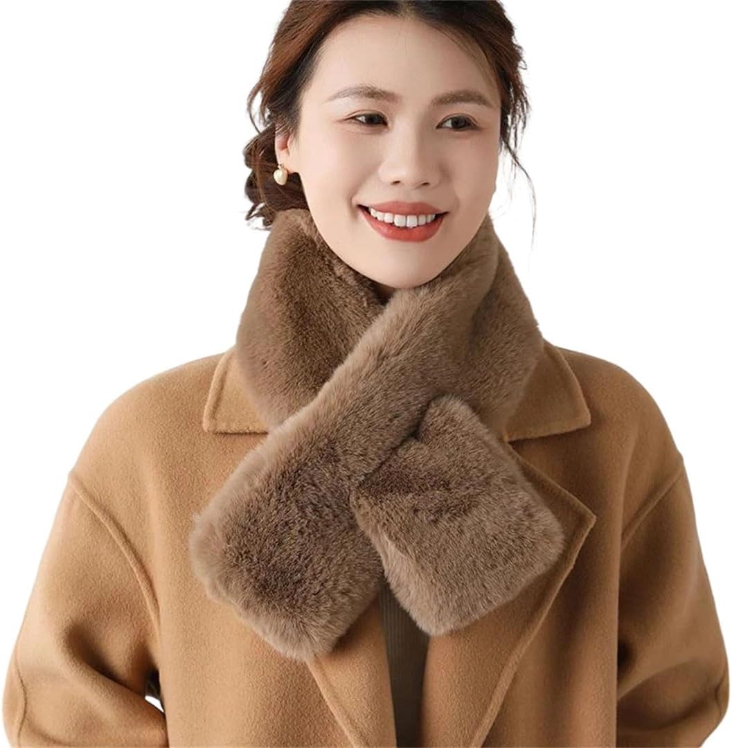Women's Rabbit Fur Small Perforated Warm Neck Wrap Soft Fuzzy Animal Hair Cold Weather Accessory Scarves Coffee