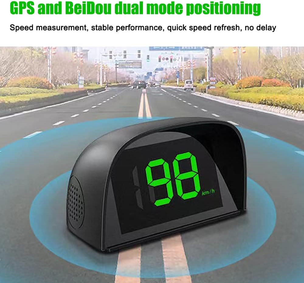 Shkalacar HUD unit on a dashboard with text highlighting GPS and BeiDou dual mode positioning.