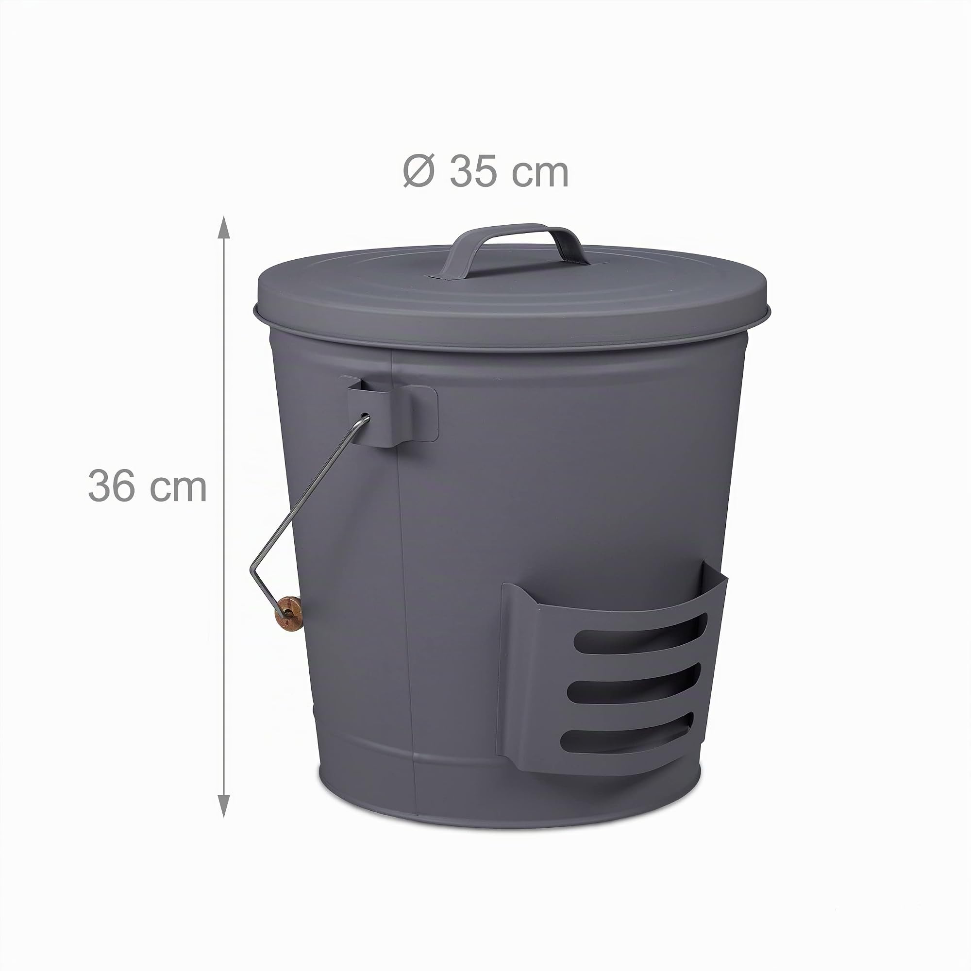 Relaxdays Cubo Cenizas con Tapa y Recogedor, Acero, Agarre de Madera, 19 L, Accesorio Chimenea, Recipiente con Asa, Gris